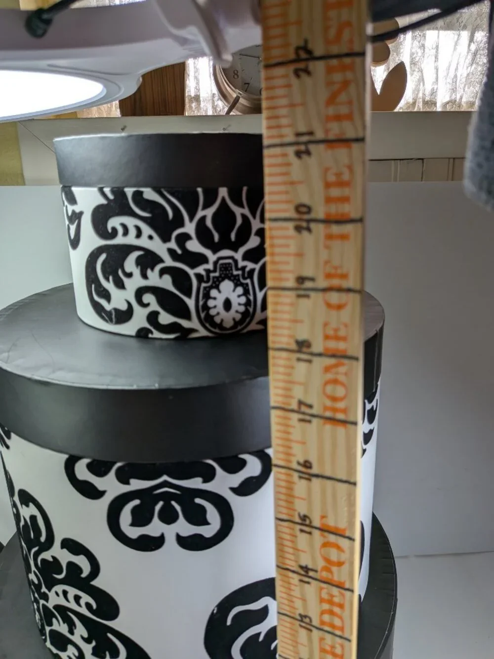 Set of 3 Vintage Flocked Damask Hat Boxes Black & White Round Nesting Storage